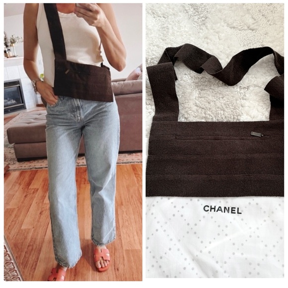 RARE ICONIC CHANEL vintage 99Afelt/wool crossbody fabric bag brown + dust bag